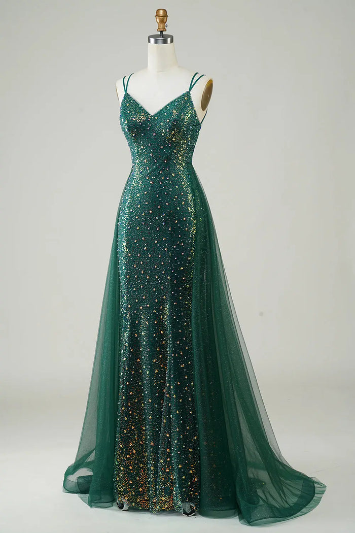 Emerald Green Sequin V-Neck Mermaid Prom Dress with Tulle Overskirt SH497 Sheer Fairy