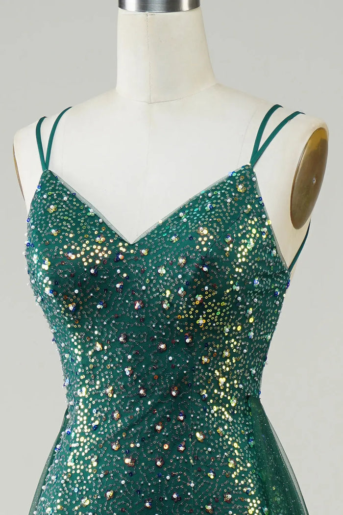 Emerald Green Sequin V-Neck Mermaid Prom Dress with Tulle Overskirt SH497 Sheer Fairy