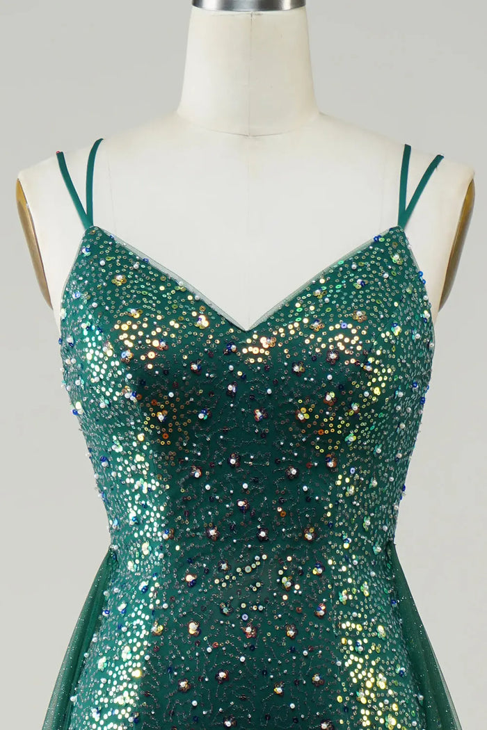 Emerald Green Sequin V-Neck Mermaid Prom Dress with Tulle Overskirt SH497 Sheer Fairy