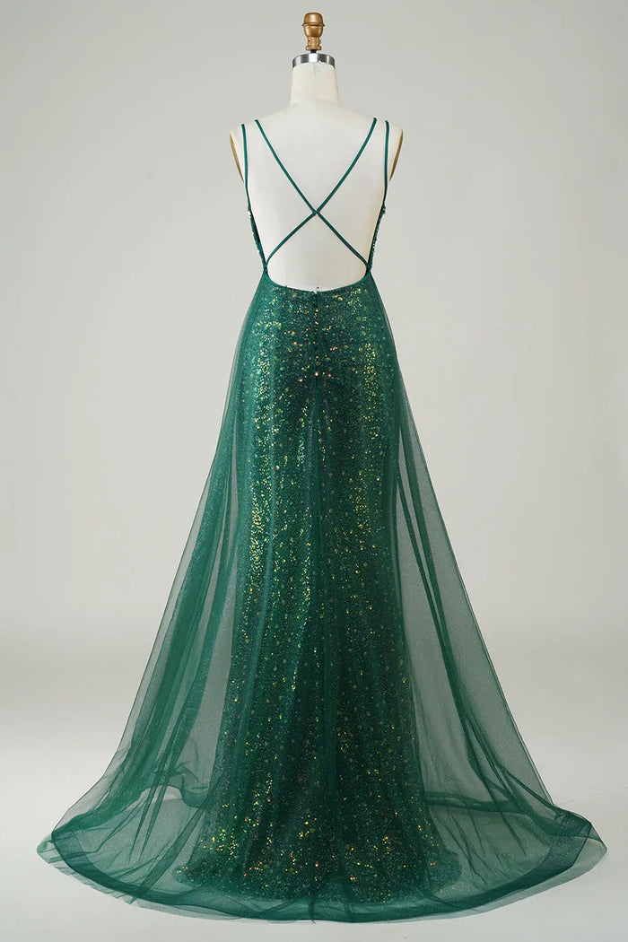 Emerald Green Sequin V-Neck Mermaid Prom Dress with Tulle Overskirt SH497 Sheer Fairy