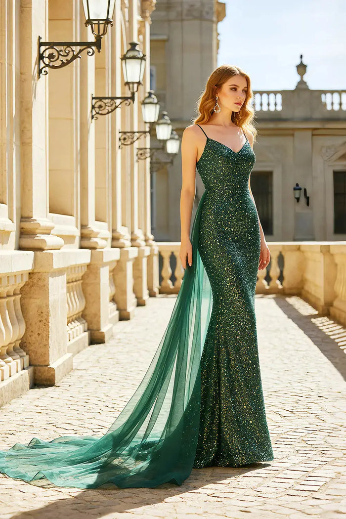 Emerald Green Sequin V-Neck Mermaid Prom Dress with Tulle Overskirt SH497 Sheer Fairy