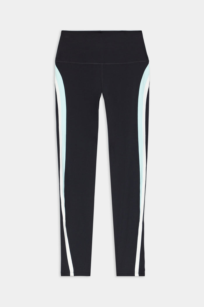 The SPLITS59 Emerson Airweight High Waist leggings in Black/Ice feature light blue and white curved side stripes, ideal for hot yoga or Pilates, shown here flat on a white background.
