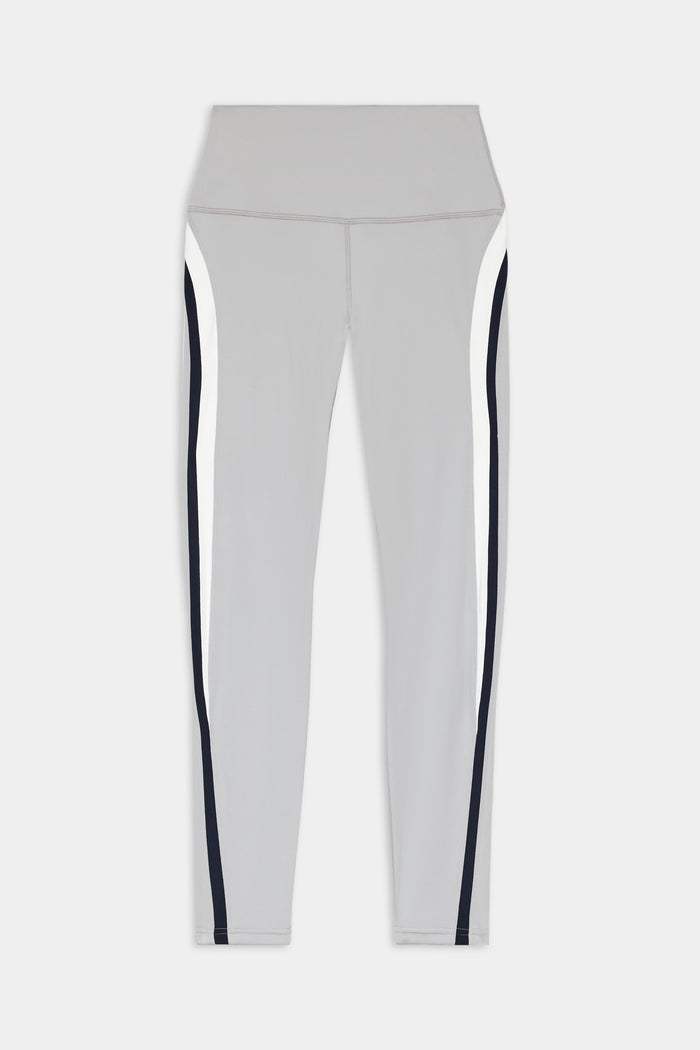 SPLITS59 Emerson Airweight High Waist leggings in Dove Grey/Indigo, featuring white and black side stripes, ideal for hot yoga or Pilates, shown flat on a plain white background.