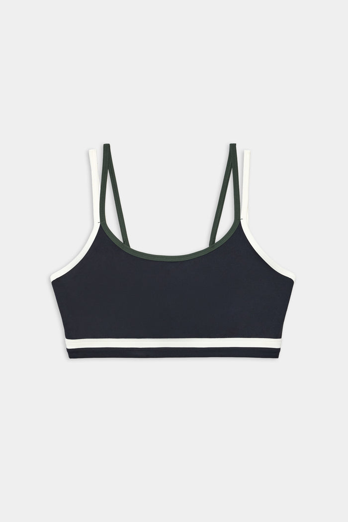 The SPLITS59 Eva Rigor Double Strap Bra in Black/Military features dual thin shoulder straps and is displayed laid flat on a plain white background.