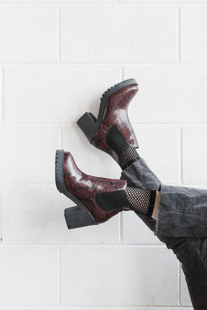Evie vegan snakeskin boots - burgundy faux suede