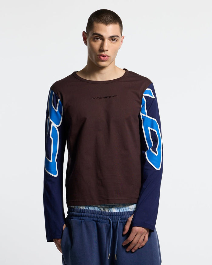 EXTENDED LONGSLEEVE GREY - brown colorblock longsleeve tee, front view on male model - Cold Culture #man