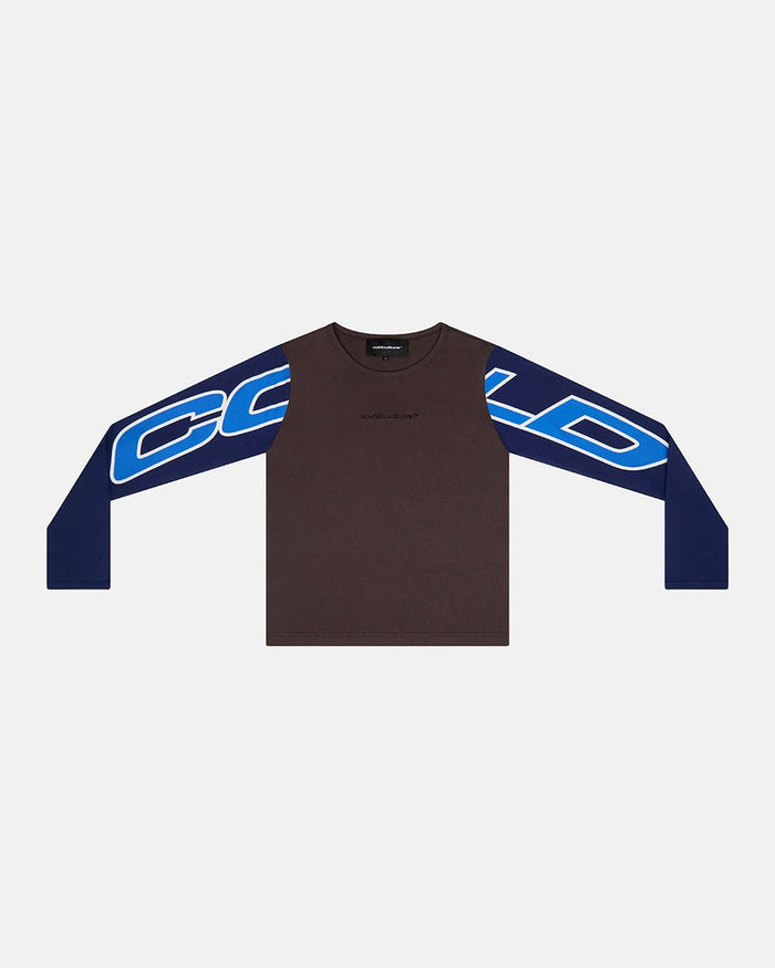 EXTENDED LONGSLEEVE GREY - brown colorblock longsleeve tee, front view - Cold Culture