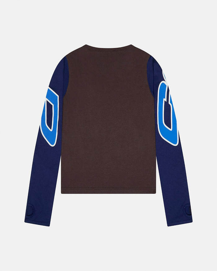 EXTENDED LONGSLEEVE GREY - brown colorblock longsleeve tee, back view - Cold Culture