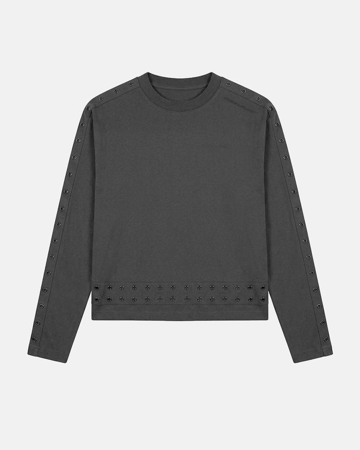 EYELET LONGSLEEVE BLACK - washed black eyelet longsleeve tee, front view - Cold Culture