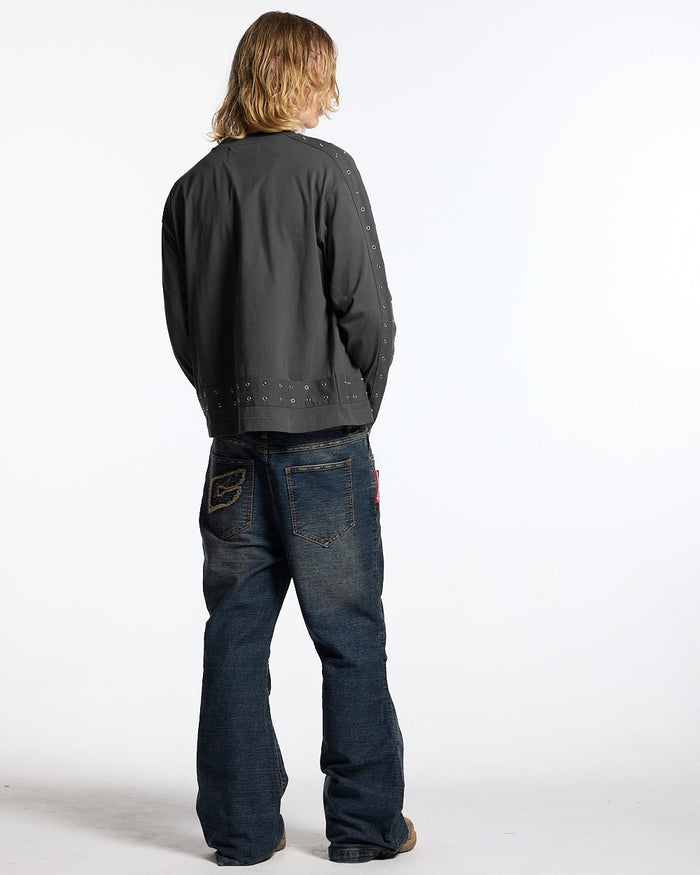 EYELET LONGSLEEVE BLACK - washed black eyelet longsleeve tee, back view on male model - Cold Culture #man