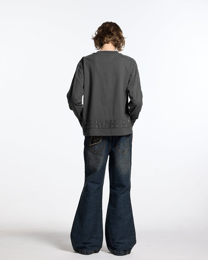 EYELET LONGSLEEVE BLACK - washed black eyelet longsleeve tee, back view on female model - Cold Culture #woman