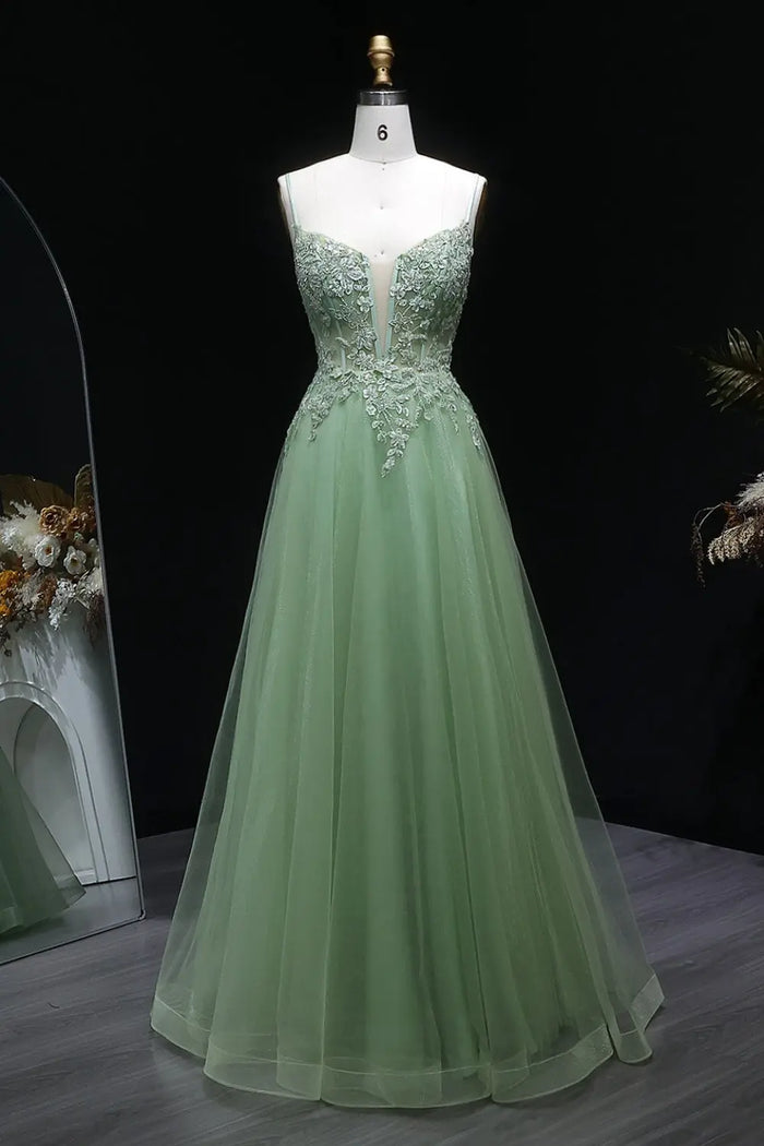 Fancy Sage Green V-Neck Tulle A-Line Prom Dress SH143 Sheer Fairy
