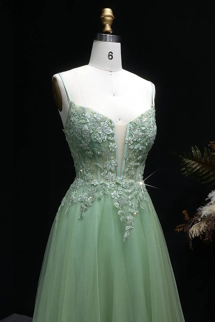 Fancy Sage Green V-Neck Tulle A-Line Prom Dress SH143 Sheer Fairy
