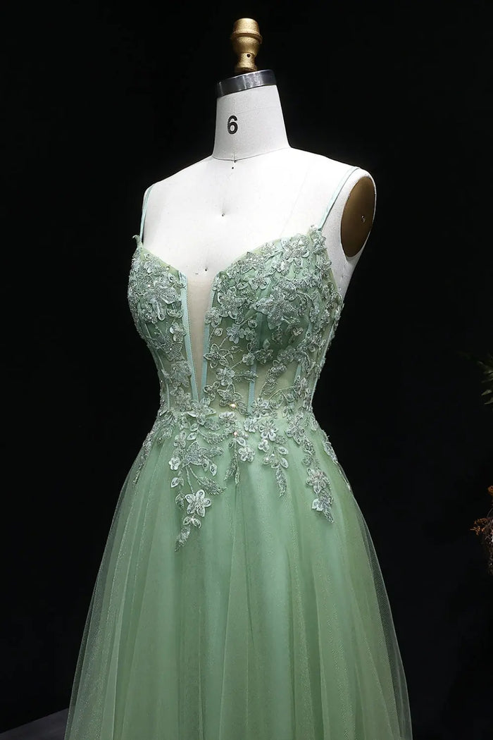 Fancy Sage Green V-Neck Tulle A-Line Prom Dress SH143 Sheer Fairy
