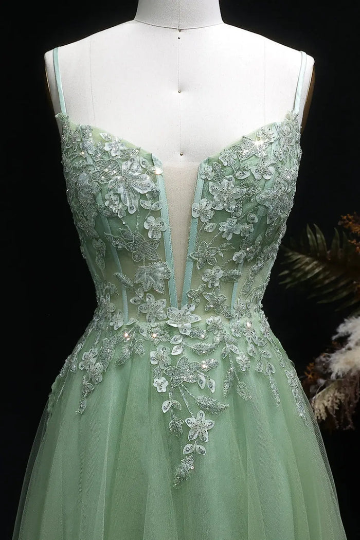 Fancy Sage Green V-Neck Tulle A-Line Prom Dress SH143 Sheer Fairy