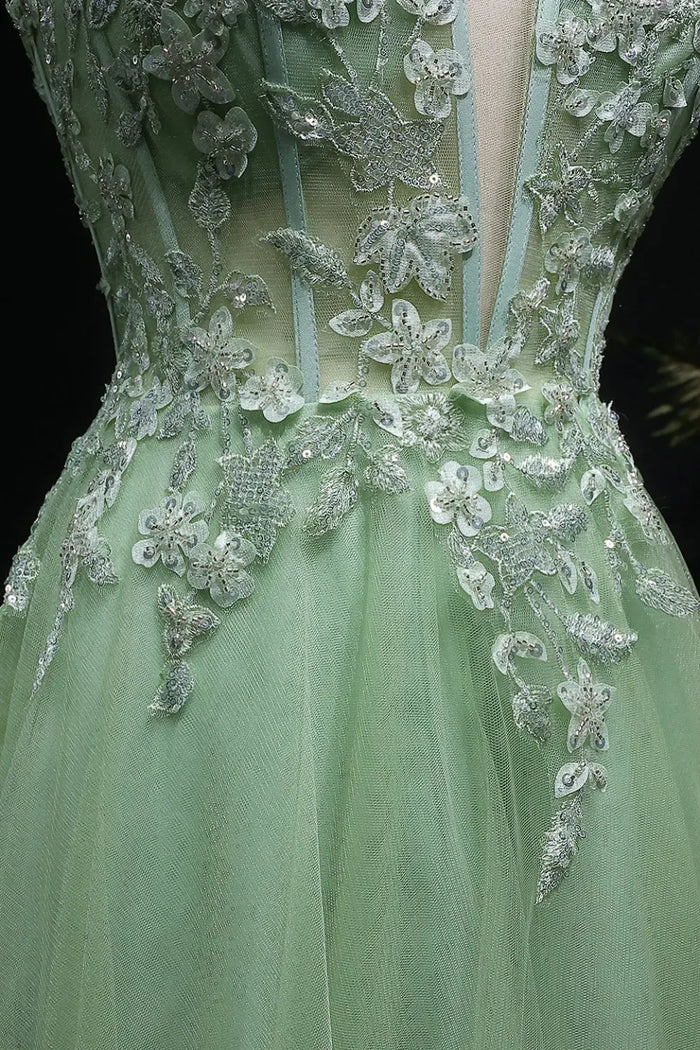Fancy Sage Green V-Neck Tulle A-Line Prom Dress SH143 Sheer Fairy