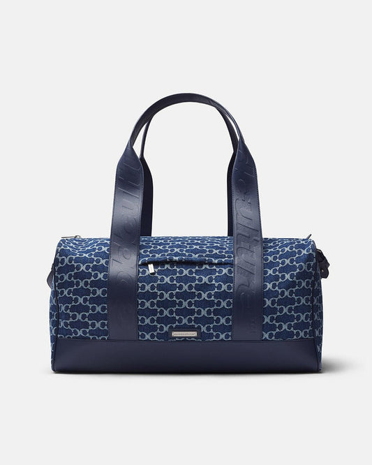 FEVER BAG BLUE - blue monogram duffle bag, front view - Cold Culture