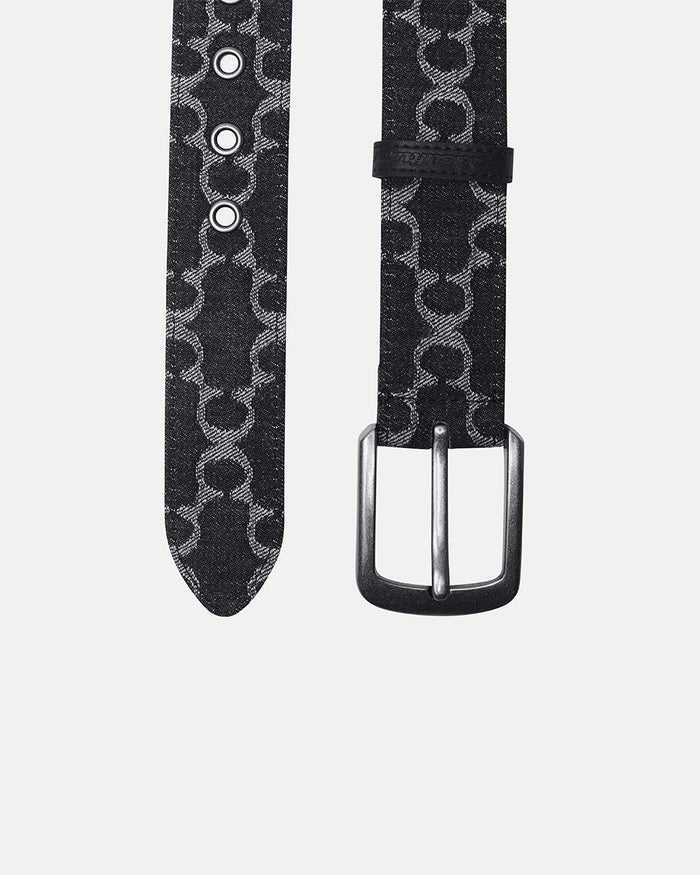 FEVER BELT BLACK - black monogram belt, detail close-up - Cold Culture