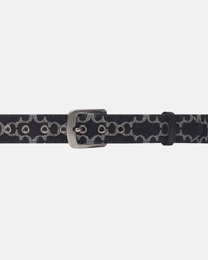 FEVER BELT BLACK - black monogram belt, front view - Cold Culture