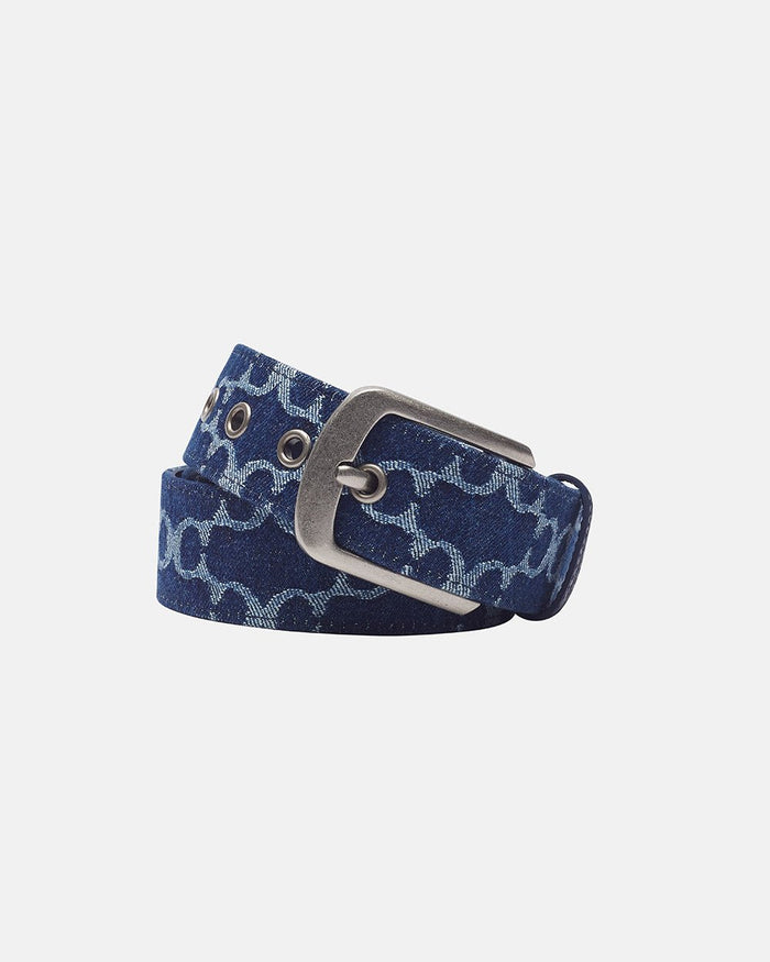 FEVER BELT BLUE - blue monogram belt, flat lay - Cold Culture