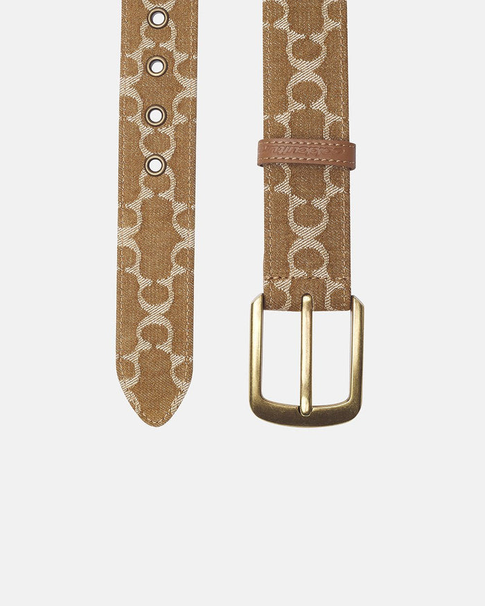 FEVER BELT BROWN - brown monogram belt, detail close-up - Cold Culture