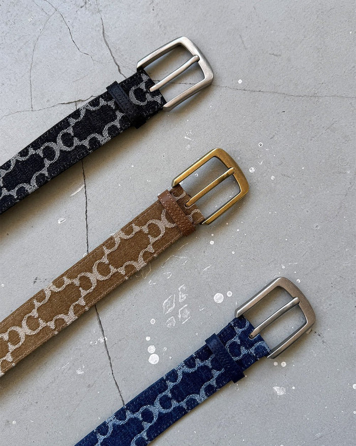 FEVER BELT BROWN - brown monogram belt, flat lay with matching pieces - Cold Culture