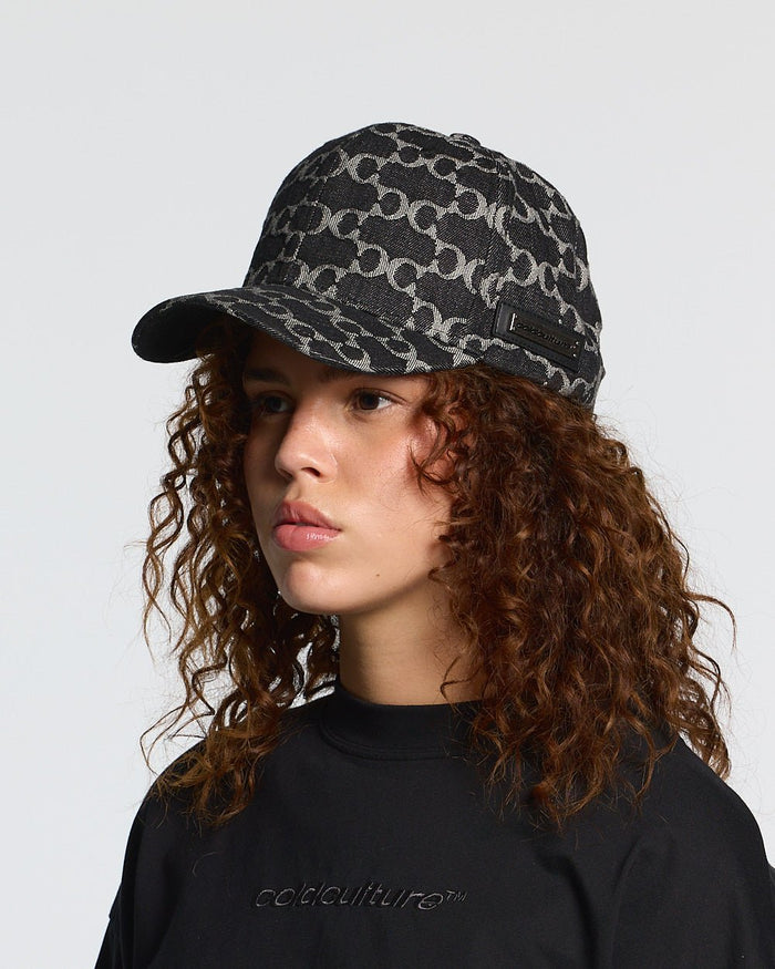 FEVER CAP BLACK - black monogram cap, on model close-up - Cold Culture #woman