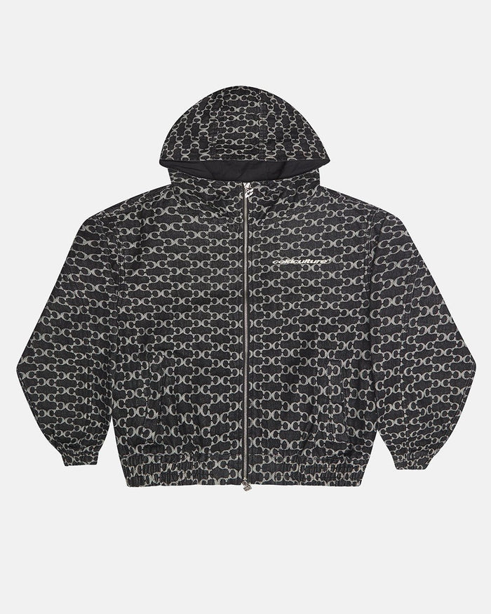 FEVER JACKET BLACK - black monogram hooded jacket, front view - Cold Culture
