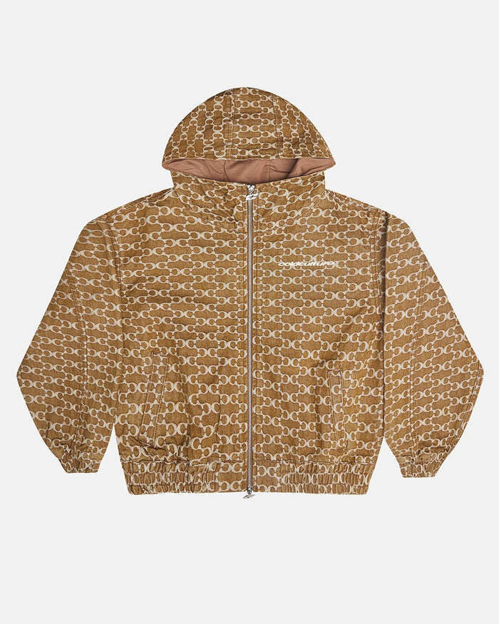 FEVER JACKET BROWN - brown monogram hooded jacket, front view - Cold Culture