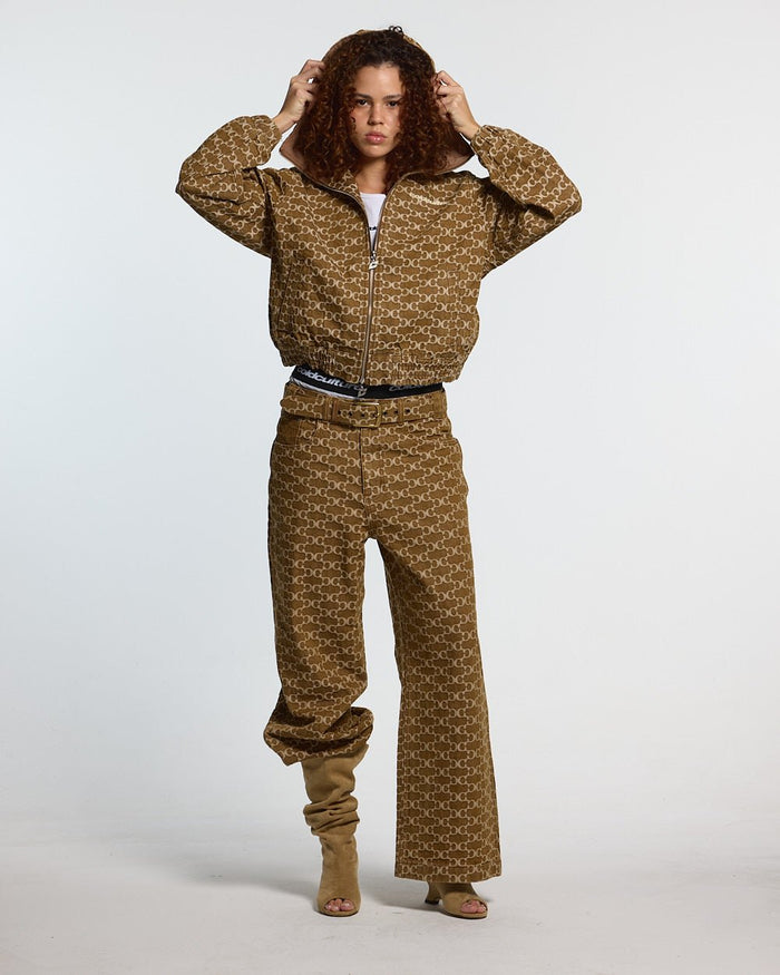 FEVER JACKET BROWN - brown monogram hooded jacket, front view on female model - Cold Culture #woman