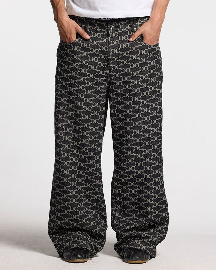 FEVER PANTS V3 BLACK - black monogram denim pants, front view on male model - Cold Culture #man
