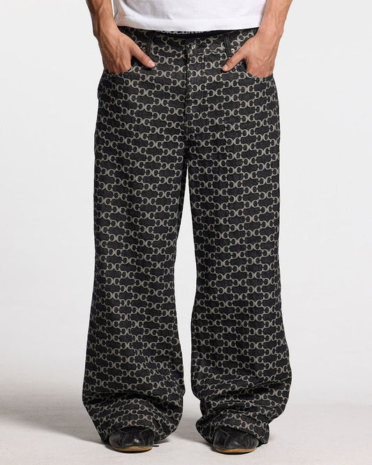 FEVER PANTS V3 BLACK - black monogram denim pants, front view on male model - Cold Culture #man