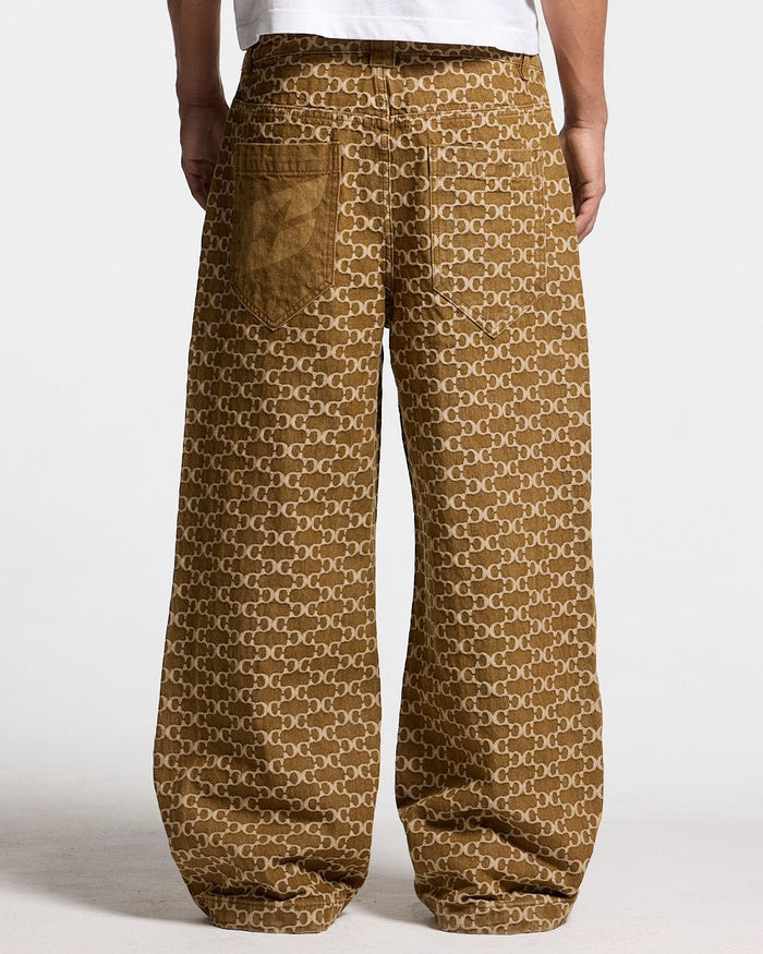 FEVER PANTS V3 BROWN - brown monogram denim pants, back view on male model - Cold Culture #man