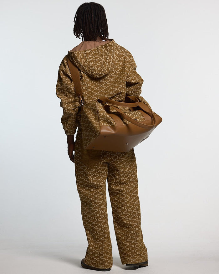 FEVER PANTS V3 BROWN - brown monogram denim pants, back view on male model - Cold Culture #man