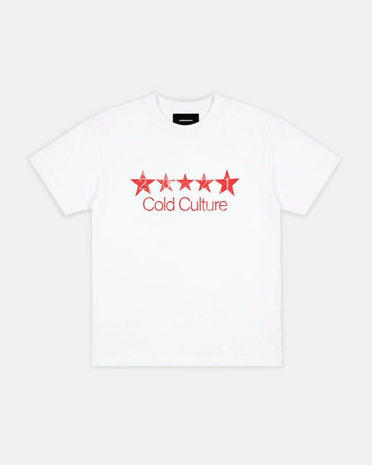 FIVE STARS TEE WHITE - white graphic print tee, front view - Cold Culture