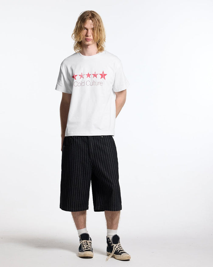 FIVE STARS TEE WHITE - white graphic print tee, front view on male model - Cold Culture #man
