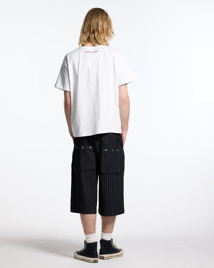 FIVE STARS TEE WHITE - white graphic print tee, back view on male model - Cold Culture #man