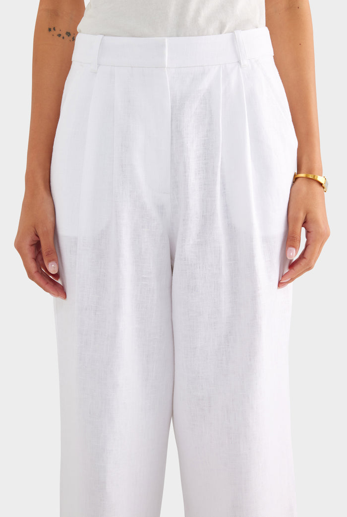 Fixed Waist Linen Trouser - White