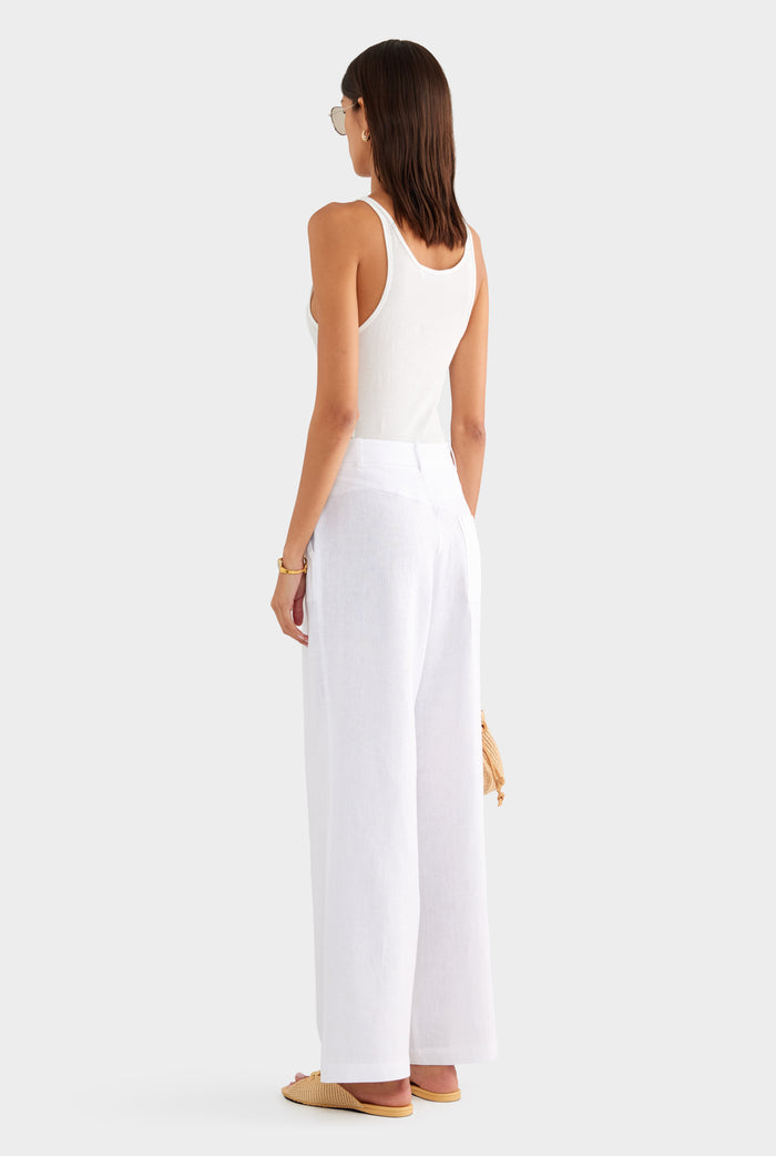 Fixed Waist Linen Trouser - White