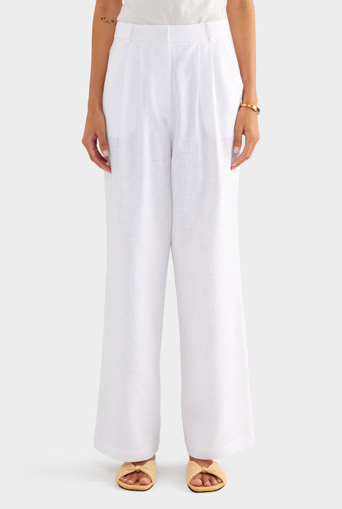 Fixed Waist Linen Trouser - White