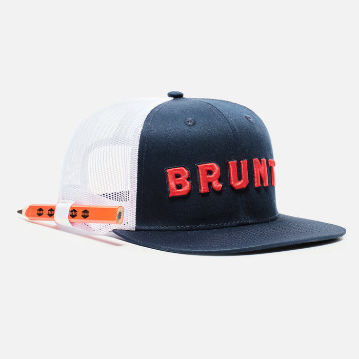 View 2 45 degree angle of front of flat brim work hat with built in pencil holder and BRUNT logo in navy blue and red * 0