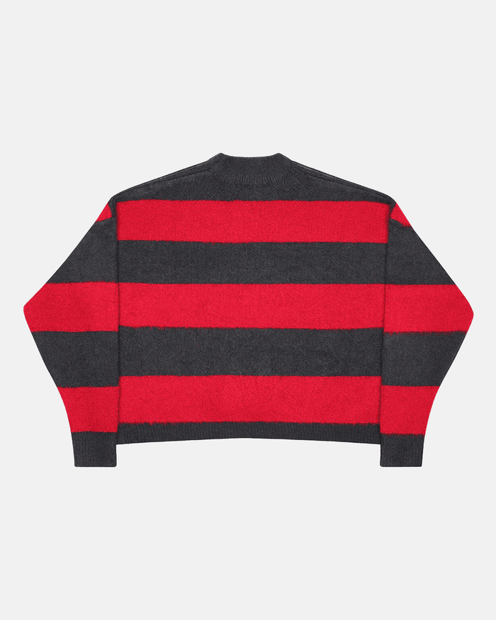 FLUFFY FUR KNIT BLACK & RED - black and red striped knit sweater, back view - Cold Culture