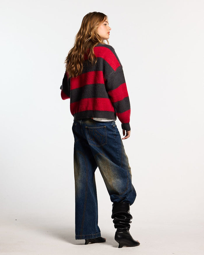 FLUFFY FUR KNIT BLACK & RED - black and red striped knit sweater, back view on female model - Cold Culture #woman
