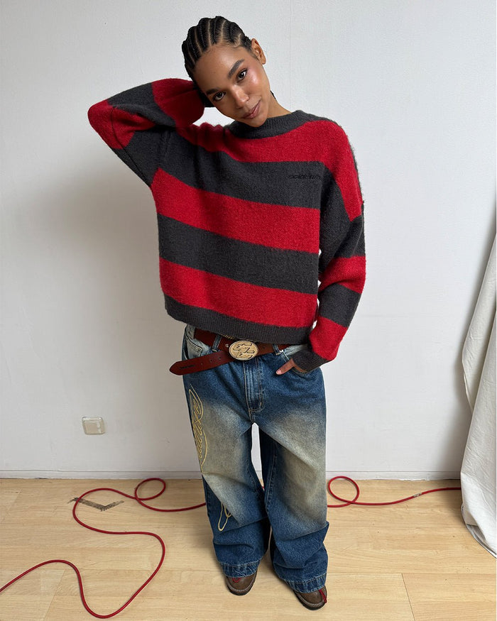 FLUFFY FUR KNIT BLACK & RED - black and red striped knit sweater, front view on female model - Cold Culture