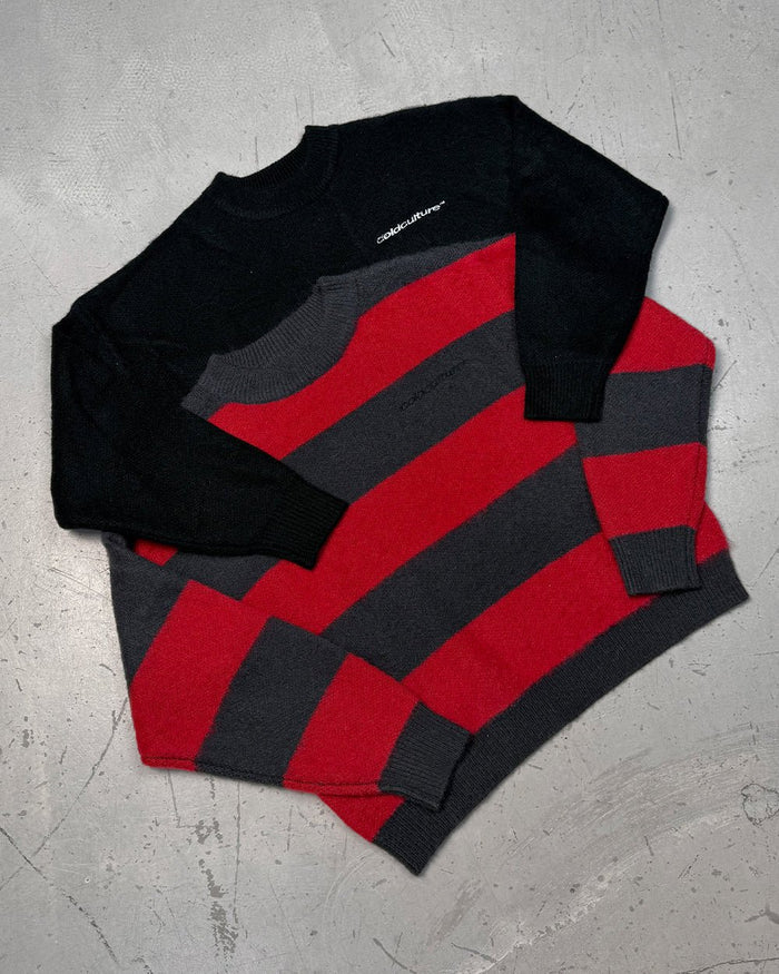FLUFFY FUR KNIT BLACK & RED - black and red striped knit sweater, flat lay with matching pieces - Cold Culture