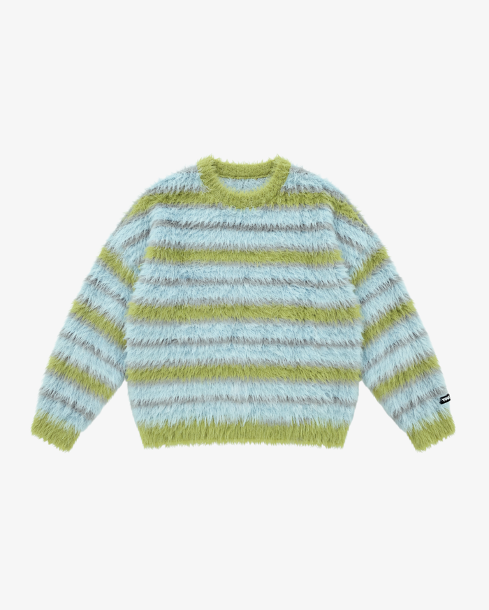 Fluffy Knit Crew Sweater | Blue Stripe