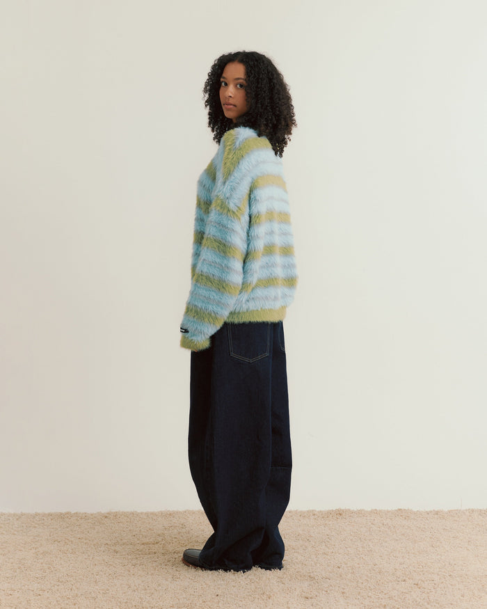 Fluffy Knit Crew Sweater | Blue Stripe