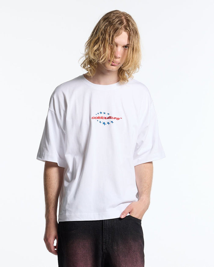 FOURTH OF JULY TEE WHITE - white oversized graphic tee, front view on male model - Cold Culture #man