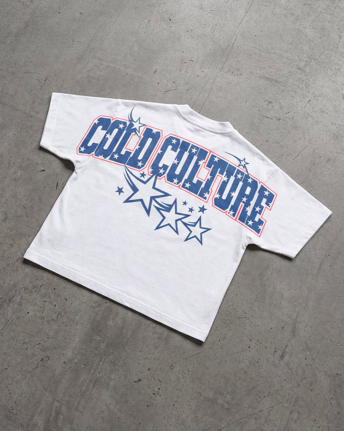 FOURTH OF JULY TEE WHITE - white oversized graphic tee, flat lay - Cold Culture