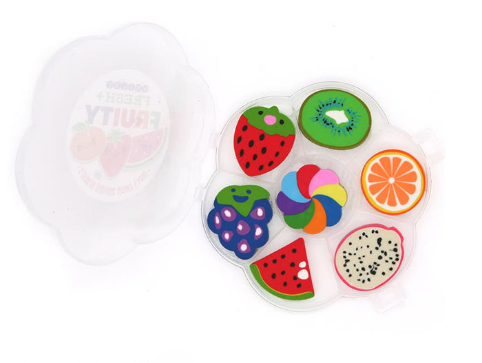 Colorful fruit-shaped containers with a clear lid on a white background